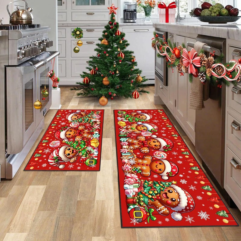 UYDOXCU Merry Christmas Kitchen Rugs and Mats Set of 2, Gingerbread Man Winter Xmas Holiday Home Kitchen Decor Floor Mats, Washable Non-Slip Sink Carpet 17"x47"+17"x30" - Image 3